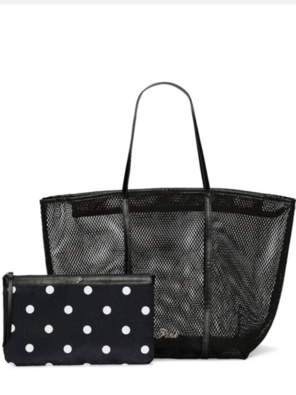 Victoria's Secret Mesh Tote and Pouch Beach Set 2 Piece Set Black NWT